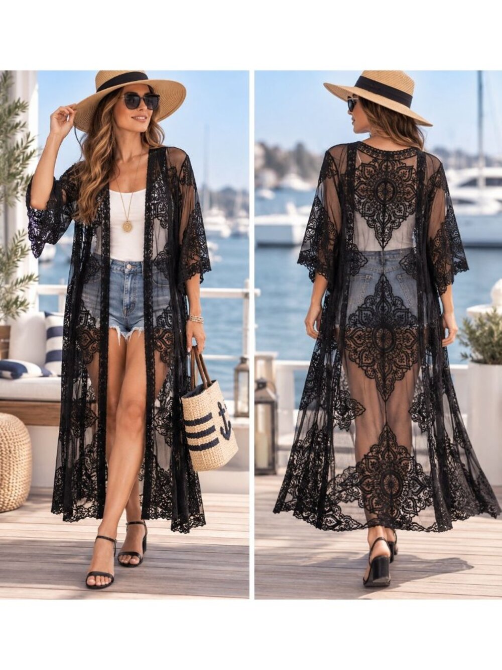 Sheer Black Duster L-XL Medallion Kimono Boho Goth Whimsygoth Lace Open Front